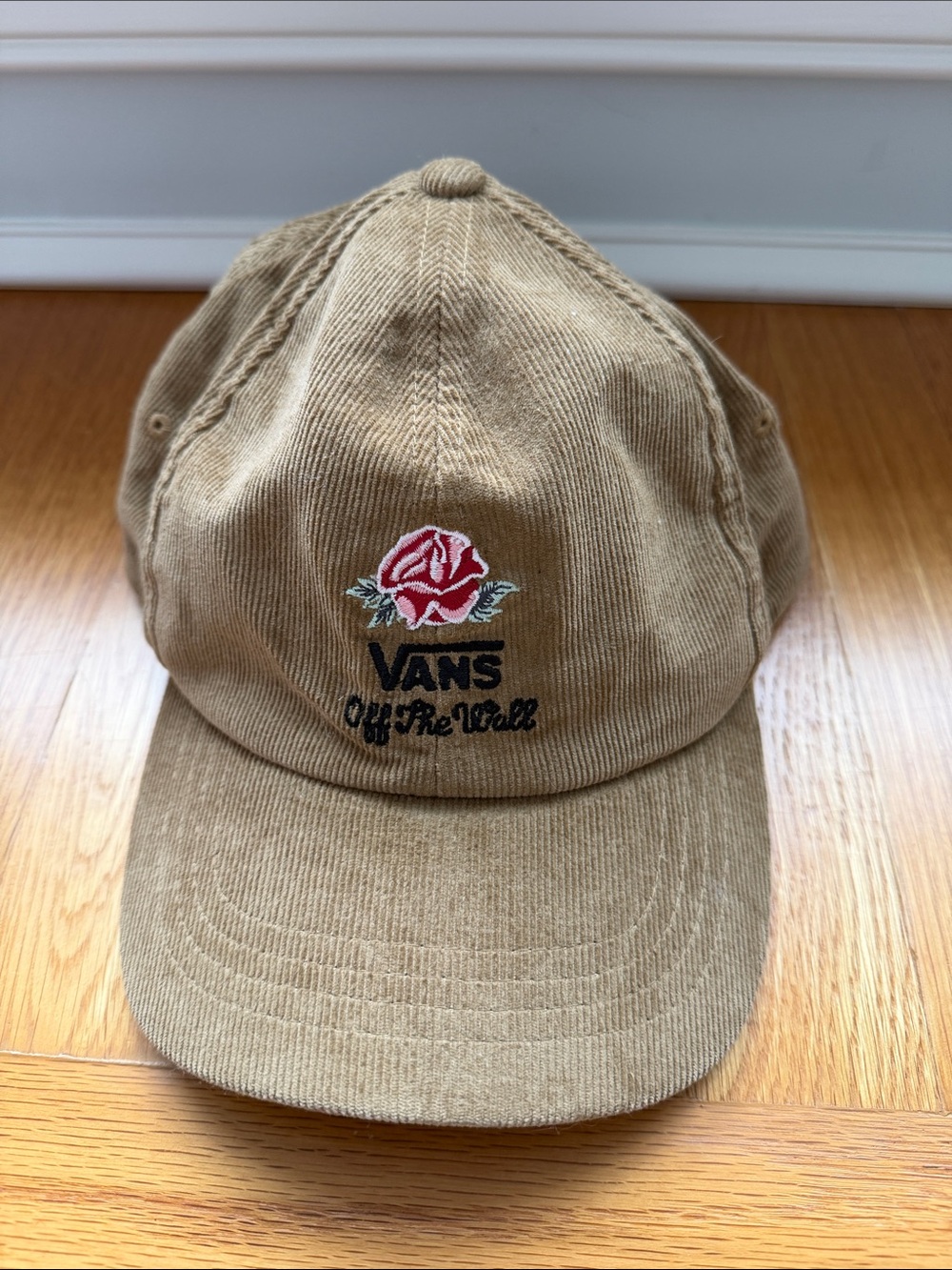 Vans Tan Corduroy Cap with Red Rose Embroidery
